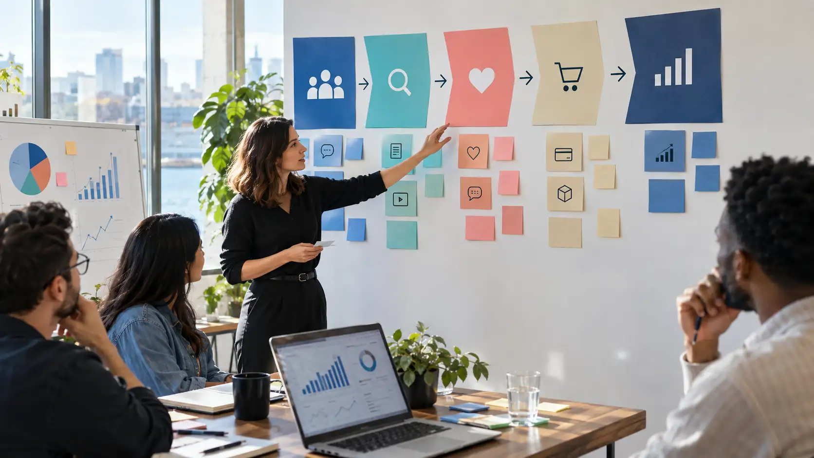Growth marketer analyzing a performance dashboard and upward trend.