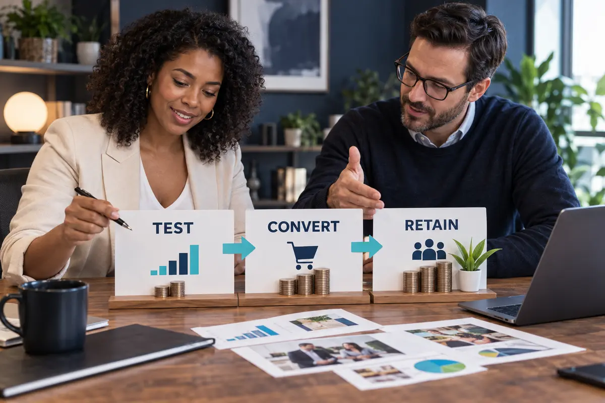 Small business advertising budget framework showing test, convert, and retain stages