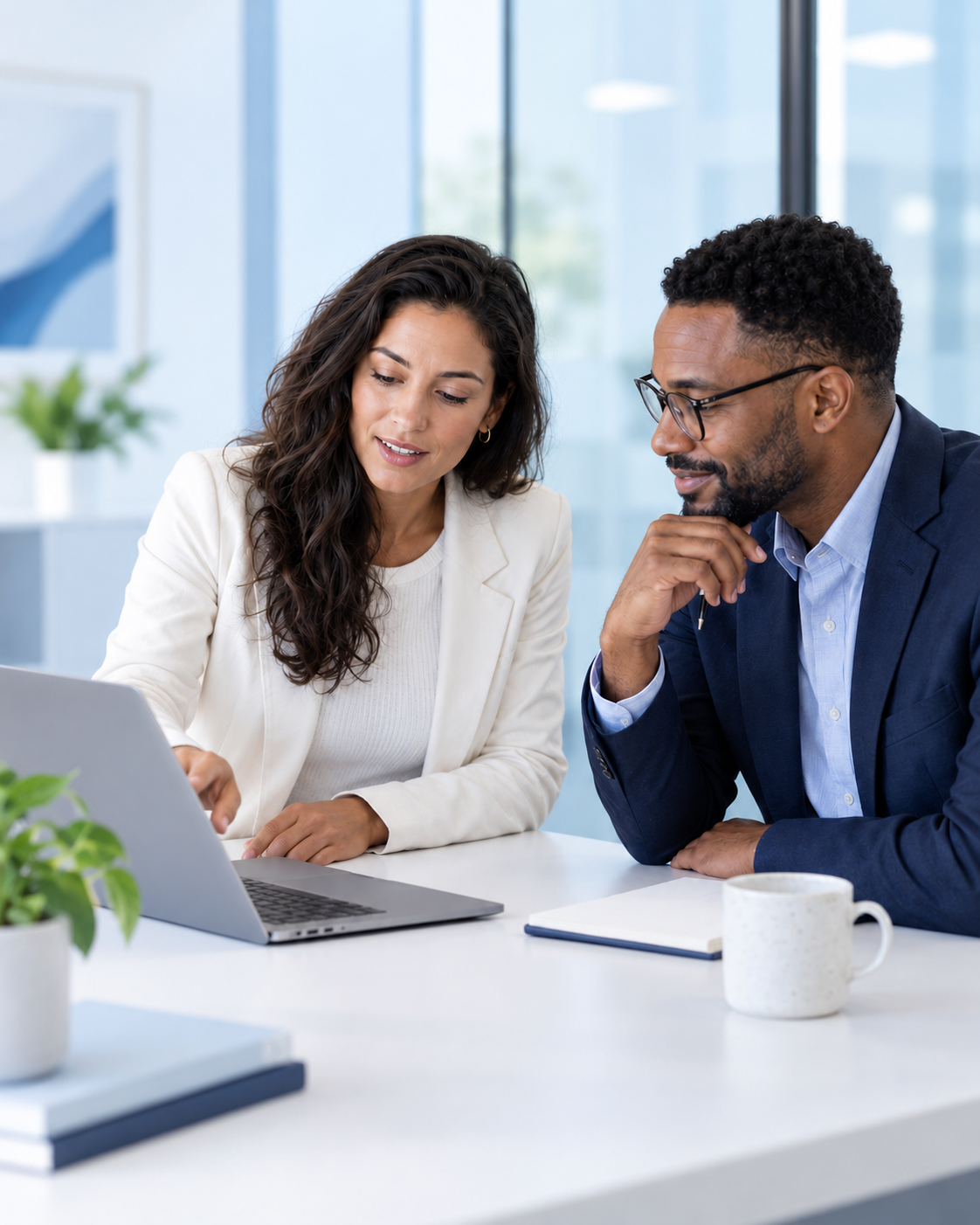 Two business professionals discussing a growth strategy during a consultation